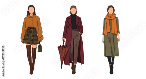 Flat style vector illustration of women wearing autumn outfits, seasonal fashion collection isolated on clean background