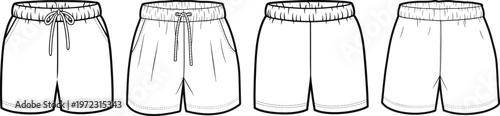 Casual drawstring shorts set with elastic waistband, relaxed fit summer bottoms, clean apparel line drawing variations – vector illustration