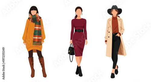 Flat style vector illustration of women wearing autumn outfits, seasonal fashion collection isolated on clean background
