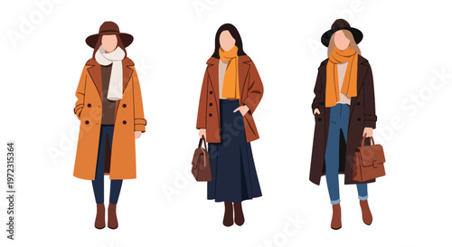 Flat style vector illustration of women wearing autumn outfits, seasonal fashion collection isolated on clean background
