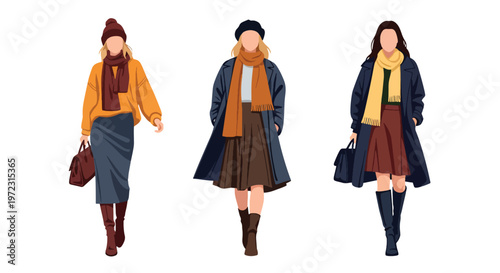 Flat style vector illustration of women wearing autumn outfits, seasonal fashion collection isolated on clean background