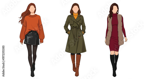 Flat style vector illustration of women wearing autumn outfits, seasonal fashion collection isolated on clean background