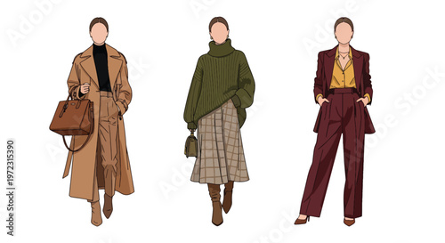Flat style vector illustration of women wearing autumn outfits, seasonal fashion collection isolated on clean background