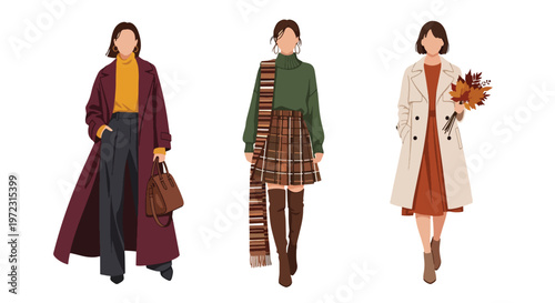 Flat style vector illustration of women wearing autumn outfits, seasonal fashion collection isolated on clean background