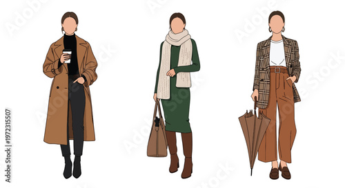 Flat style vector illustration of women wearing autumn outfits, seasonal fashion collection isolated on clean background