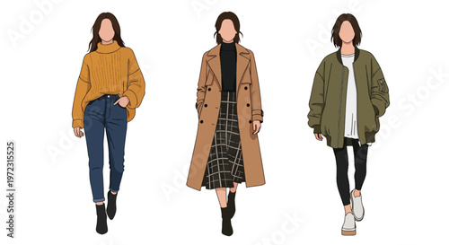 Flat style vector illustration of women wearing autumn outfits, seasonal fashion collection isolated on clean background