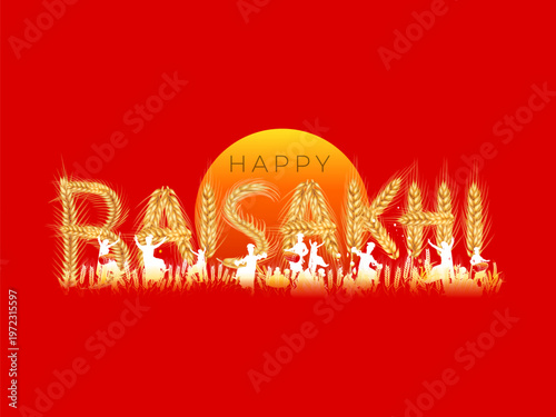 Harvest festival Happy Baisakhi written with wheat on vibrant red background and Punjabi Sikh dance joy fun silhouette vector illustration.