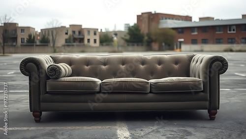 flagrant. A worn-out sofa on an empty urban lot, overcast daylight. real-estate listings, architecture portfolios, designed for interior renovation comparisons for interiors.
