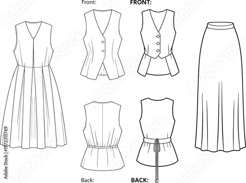 Coordinated vest and skirt outfit set with tailored bodice and flowing midi skirt, elegant fashion flat sketch collection – vector illustration