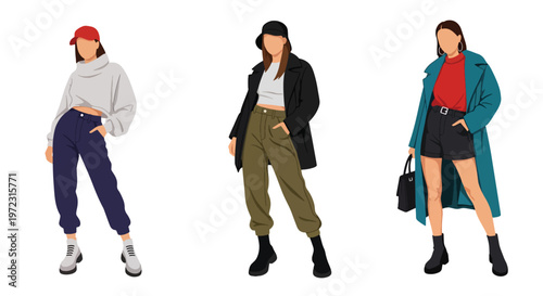 Flat style vector illustration of women in streetwear outfits, urban fashion collection isolated on clean background