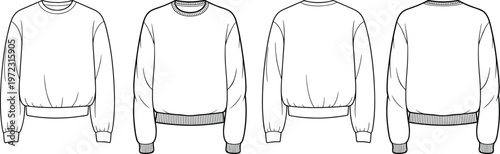 Crewneck sweatshirt variations with ribbed cuffs and hem, relaxed fit casual tops, front and back fashion outline set – vector illustration
