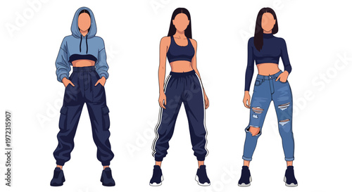 Flat style vector illustration of women in streetwear outfits, urban fashion collection isolated on clean background