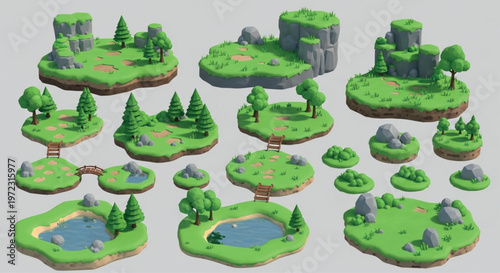 Isometric 3D game map tiles, floating island forest landscape kit, green meadow terrain with trees and rocks, level design assets