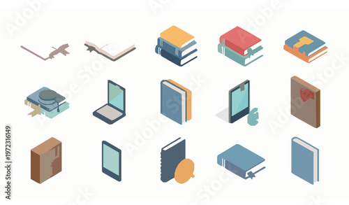 Clean Isometric Book Icon Pack with 12 Flat Style Symbols for Academic Branding, Online Learning Apps and Digital Publishing