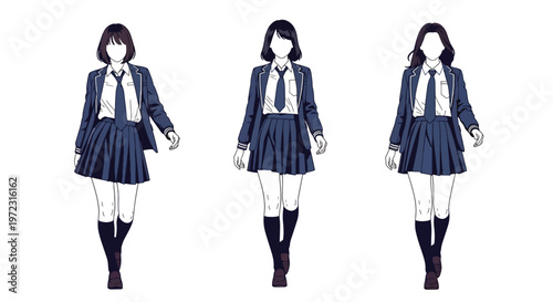 Flat style vector illustration of woman students in school uniforms, education fashion collection isolated on clean background