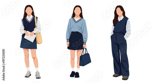 Flat style vector illustration of female college students in casual outfits, modern campus lifestyle fashion collection isolated on clean background