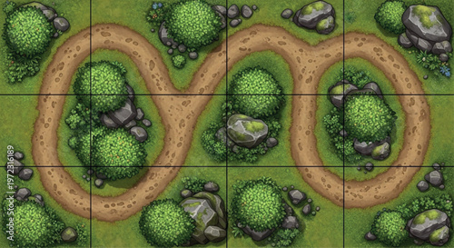 Overhead view fantasy grassland game map illustration with winding dirt path, green trees, and rocks on a grid