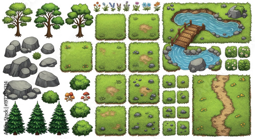 Cartoon nature game assets kit, isometric forest landscape tiles with trees and pond, green grass map construction elements in EPS format