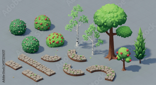 Low poly isometric nature kit, 15 3D garden elements including trees and stone paths, stylized green foliage and bushes for game design