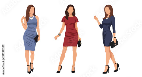 Flat style vector illustration of women in elegant party dresses, modern evening fashion collection isolated on clean background