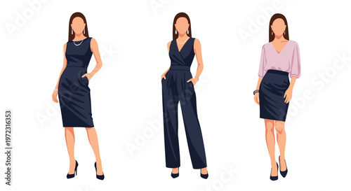 Flat style vector illustration of women in elegant party dresses, modern evening fashion collection isolated on clean background