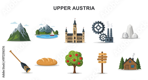 Upper Austria Icons: Mountains Architecture Industry Nature and Lifestyle Elements.