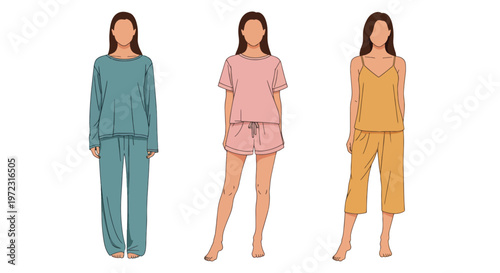 Flat style vector illustration of women in homewear and sleepwear outfits including pajamas and casual dress, comfortable lifestyle fashion collection isolated on clean background