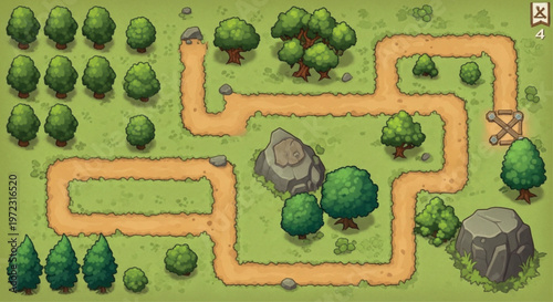 Cartoon game map level design, hand drawn forest landscape with dirt paths and green trees, fantasy adventure game background vector