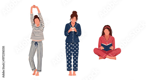 Flat style vector illustration of women in homewear and sleepwear outfits including pajamas and casual dress, comfortable lifestyle fashion collection isolated on clean background