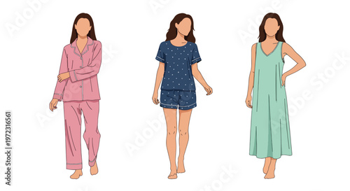 Flat style vector illustration of women in homewear and sleepwear outfits including pajamas and casual dress, comfortable lifestyle fashion collection isolated on clean background
