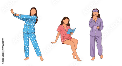 Flat style vector illustration of women in homewear and sleepwear outfits including pajamas and casual dress, comfortable lifestyle fashion collection isolated on clean background