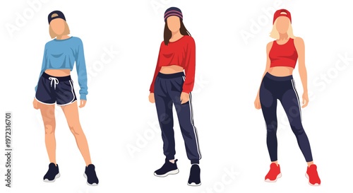 Flat style vector illustration of women in fitness outfits including sportswear and activewear, healthy lifestyle fashion collection isolated on clean background