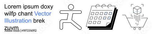 Fitness, scheduling, productivity, e-commerce, technology, innovation. Stick figure running, calendar shopping cart with cube. Fitness and scheduling concepts with clean modern visuals