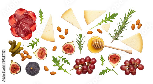 Cheese and charcuterie board elements isolated on transparent background