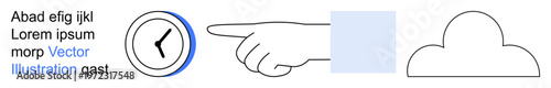 Time management, guidance, weather tracking, digital interfaces, communication, simplicity. A clock, hand pointing square cloud outline and text. Time management and guidance concepts