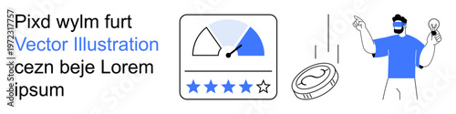 User feedback, business analytics, innovation, customer satisfaction, creative problem-solving, work efficiency. Image shows a rating scale, stars and a person with an idea. Business analytics