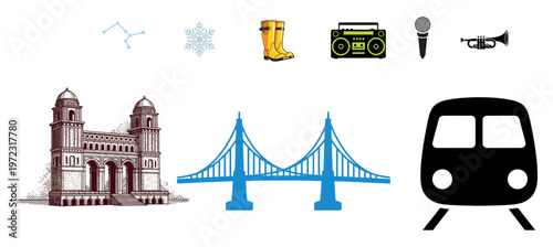 Collection of Diverse Icons Architecture, Music, Transportation, and Weather Elements