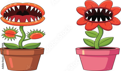 Cartoon Style Carnivorous Plants with Sharp Teeth in Flowerpots, Featuring Fierce Red and Pink Flowers for Fun and Whimsical Illustration Designs