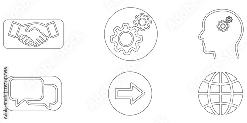 A collection of linear icons representing concepts like teamwork communication and global connections silhouette high quality professional detailed modern elegant stylish