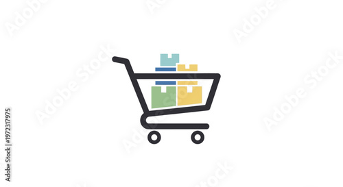 Shopping cart with colorful boxes inside.