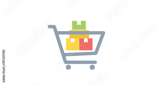 Shopping cart with colorful boxes inside.