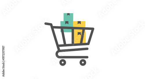 Shopping cart with colorful boxes inside.