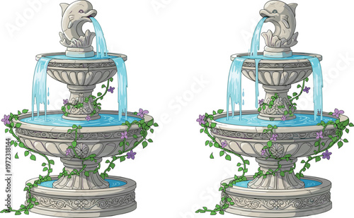 Elegant Decorative Garden Fountain Set with Flowing Water, Stone Structure and Floral Elements for Landscape, Park and Outdoor Design Illustration Concepts