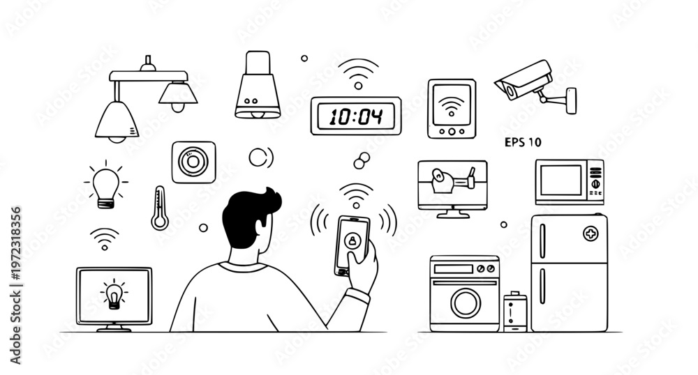 Fototapeta premium Smart Home Control System Vector Illustration – Man Using Smartphone