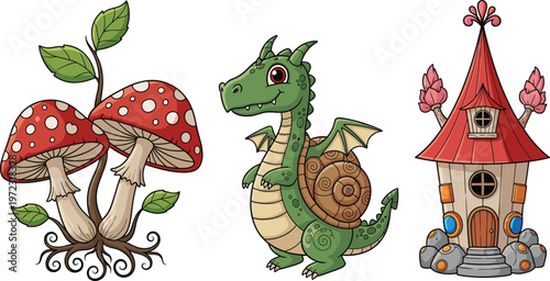 Fantasy Cartoon Set Featuring Cute Dragon, Magical Mushroom Plants and Fairytale House with Whimsical Elements for Children Storybook and Game Design