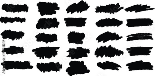 Collection of abstract black brush strokes and textures on white background