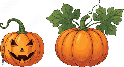 Halloween Pumpkin Set Featuring Carved Jack O Lantern and Fresh Pumpkin with Leaves, Festive Autumn Decoration for Holiday and Seasonal Design Concepts