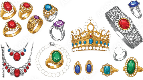 Luxury Jewelry Collection Featuring Gold Rings, Gemstone Necklace, Crown, Earrings and Bracelets with Precious Stones for Elegant Fashion and Royal Design Concepts