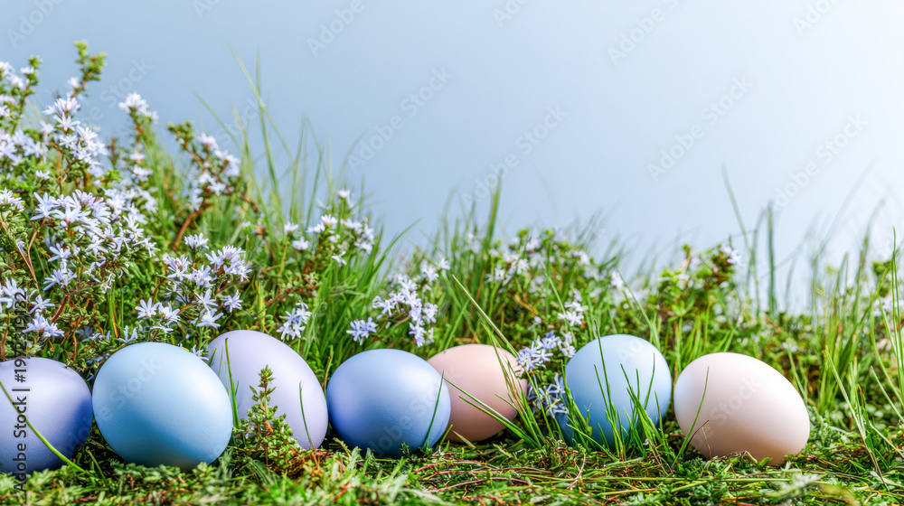 Fototapeta premium Colorful pastel eggs nestled among vibrant green grass and delicate flowers, creating a serene springtime scene full of joy and renewal