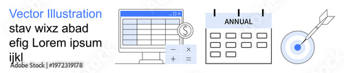 Financial planning, goal setting, productivity, organization, data analysis, management. Spreadsheet with calculations, annual calendar and target with arrow. Financial planning and goal setting
